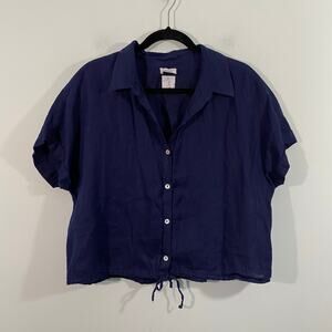 Joie Women Navy 100% Linen  Short Sleeve Button Up Shirt Size XL